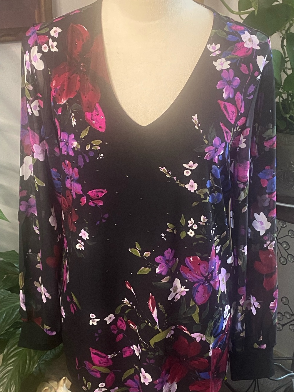 Susan Graver Black V-Neck Floral Blouse with Pink & Purple Accents
